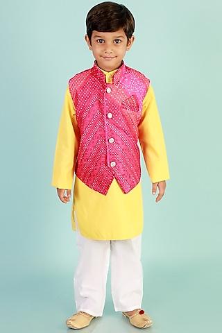 pink embroidered bundi jacket with kurta set for boys