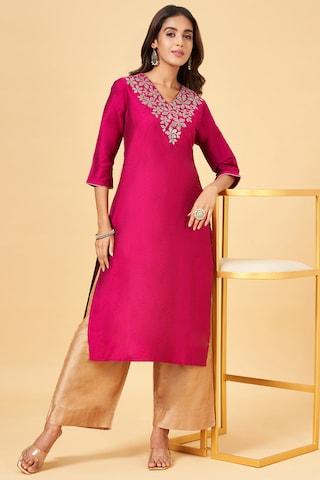 pink embroidered calf-length  ethnic women regular fit  kurta