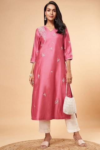 pink embroidered calf-length  ethnic women straight fit  kurta
