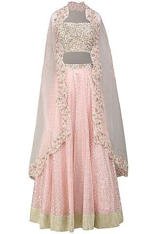 pink embroidered cape with blouse and lehenga