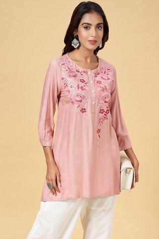 pink embroidered casual 3/4th sleeves round neck women regular fit  tunic