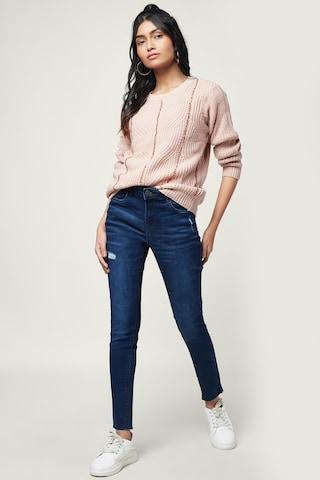 pink embroidered casual full sleeves round neck women regular fit sweater