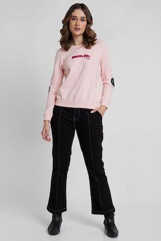 pink embroidered casual full sleeves round neck women regular fit sweatshirt