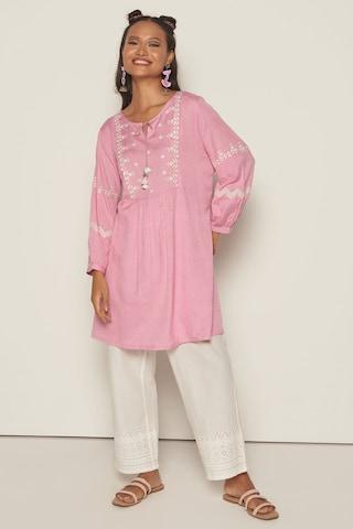 pink embroidered casual full sleeves tie-up neck women regular fit tunic