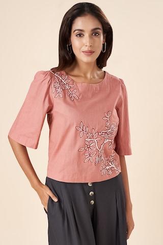 pink embroidered casual half sleeves boat neck women regular fit  top
