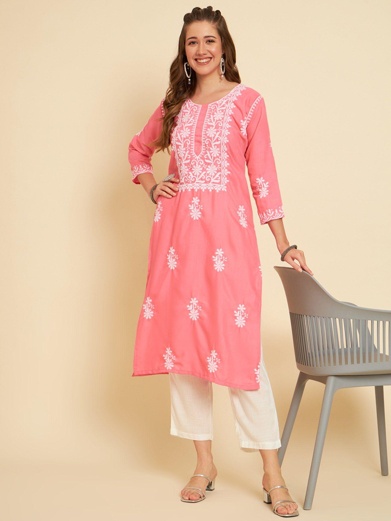 pink embroidered cotton chikankari straight kurta