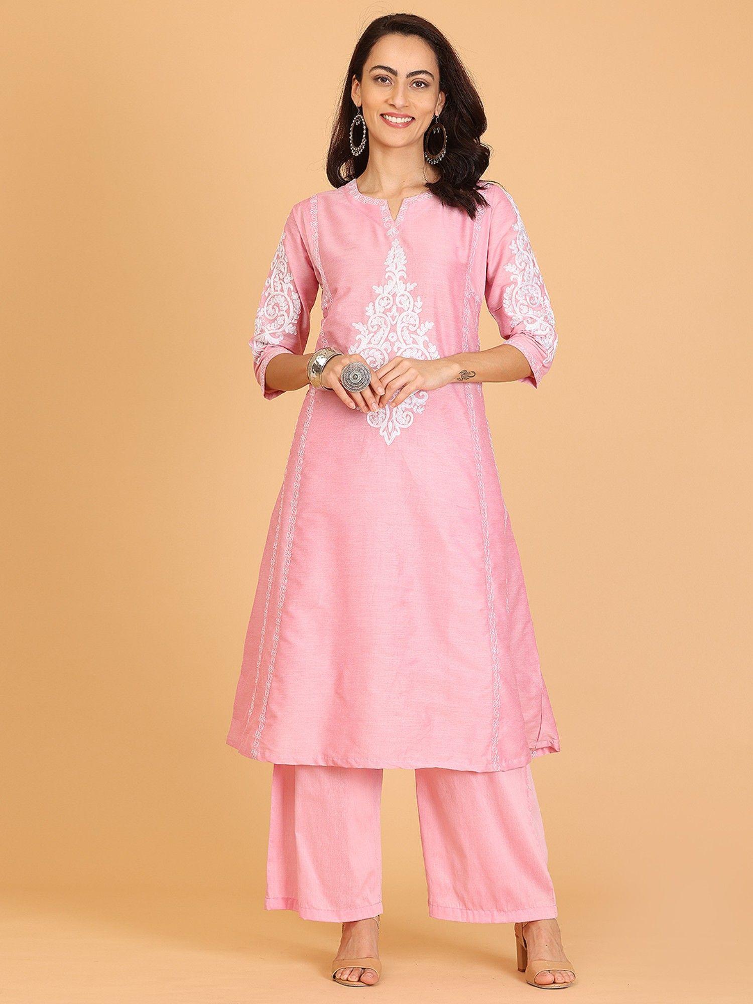 pink embroidered cotton silk flayred kurta and palazzo (set of 2)