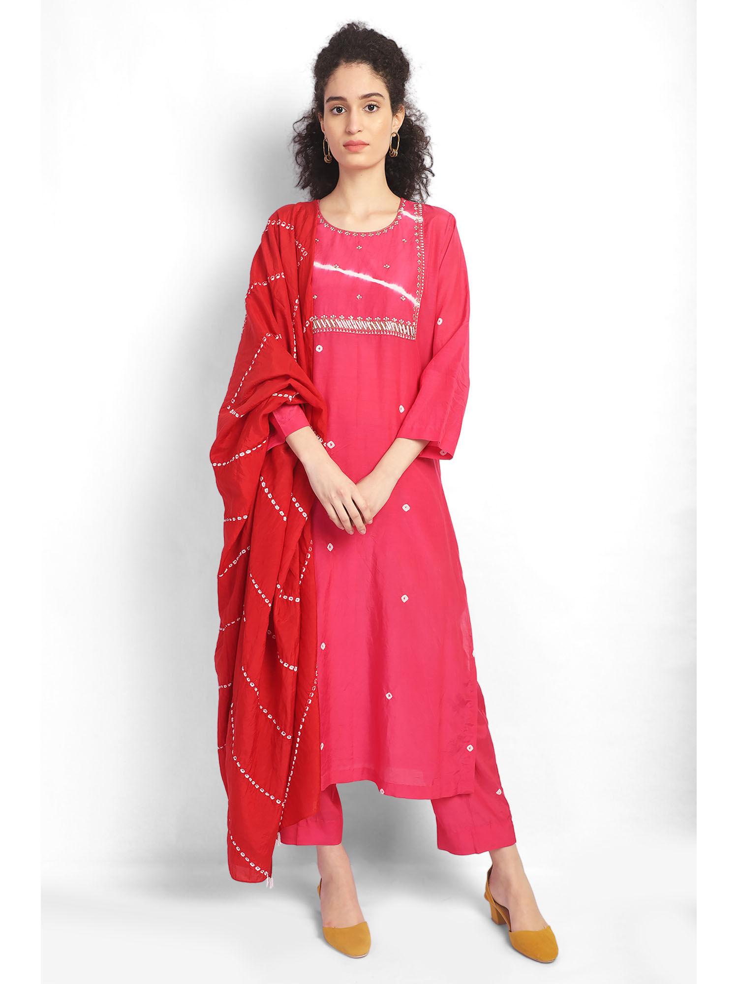 pink embroidered embellished kurta & pant with dupatta (set of 3)