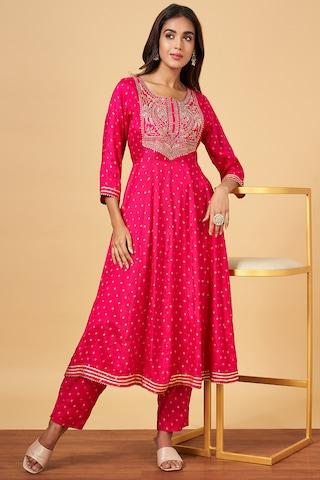 pink embroidered ethnic 3/4th sleeves round neck women regular fit  pant kurta set