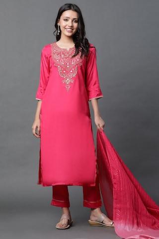 pink embroidered ethnic 3/4th sleeves round neck women regular fit pant kurta dupatta set