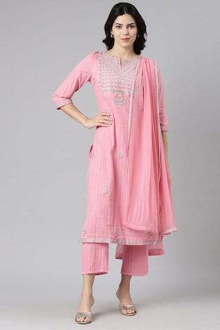 pink embroidered ethnic 3/4th sleeves round neck women straight fit pant kurta dupatta set
