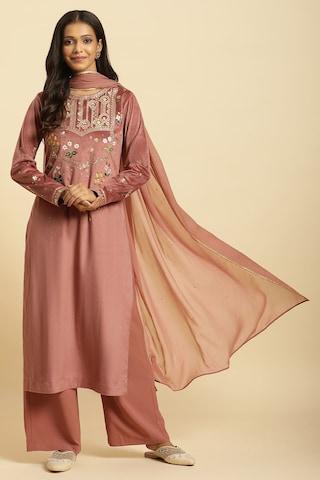 pink embroidered ethnic full sleeves round neck women regular fit palazzo kurta dupatta set