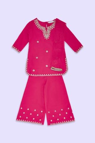pink embroidered ethnic round neck 3/4th sleeves calf-length girls regular fit churidar kurta dupatta set