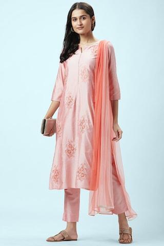 pink embroidered ethnic round neck 3/4th sleeves calf-length women regular fit kurta pant dupatta set