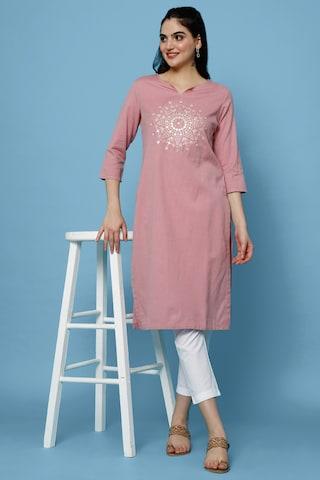 pink embroidered ethnic round neck 3/4th sleeves maxi women straight fit kurta