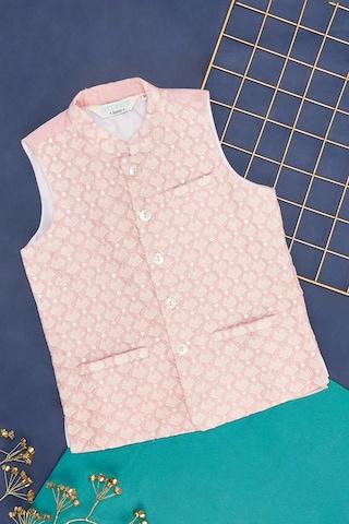 pink embroidered ethnic sleeveless mandarin collar boys regular fit  waistcoat