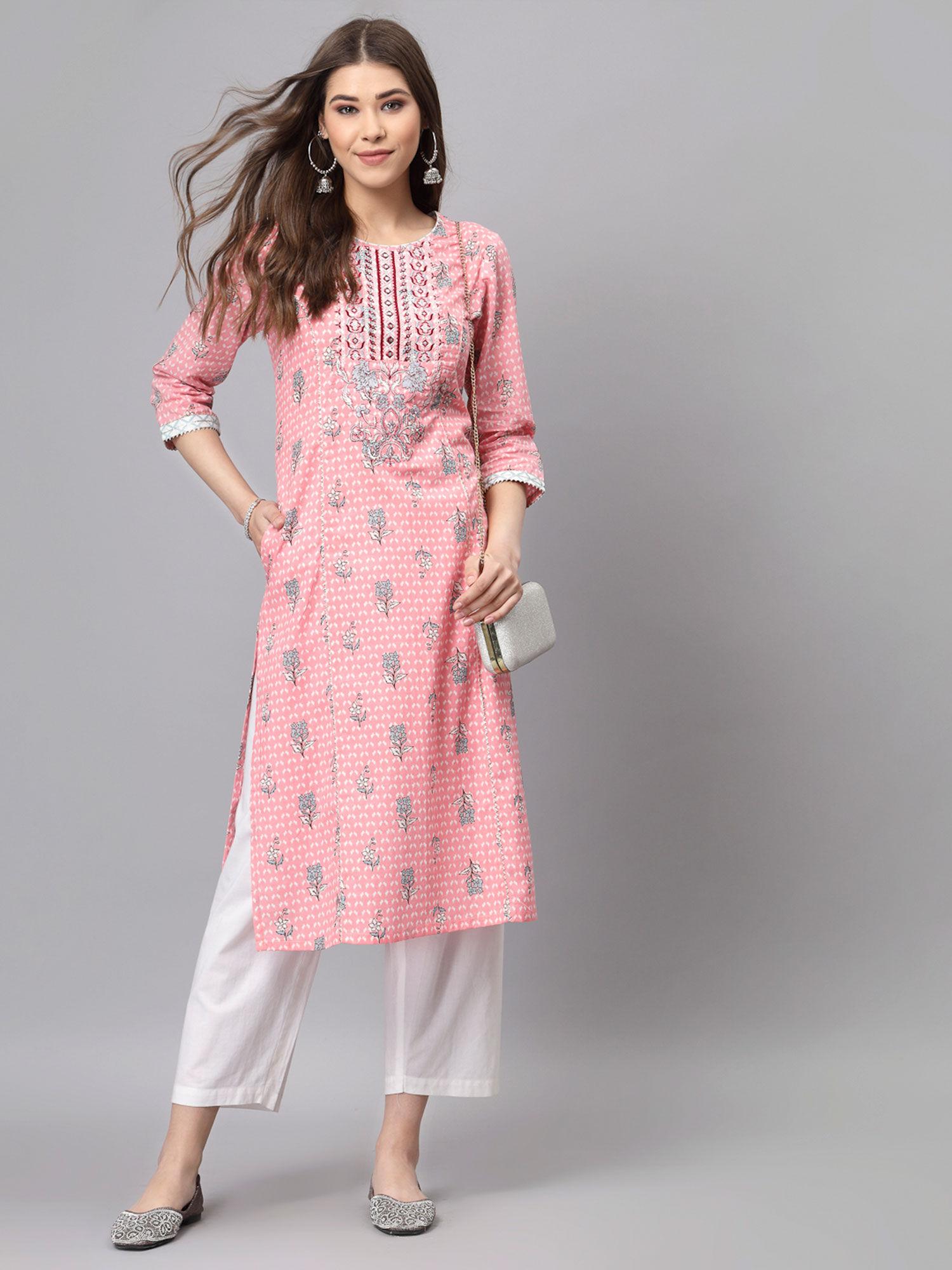 pink embroidered floral kurta