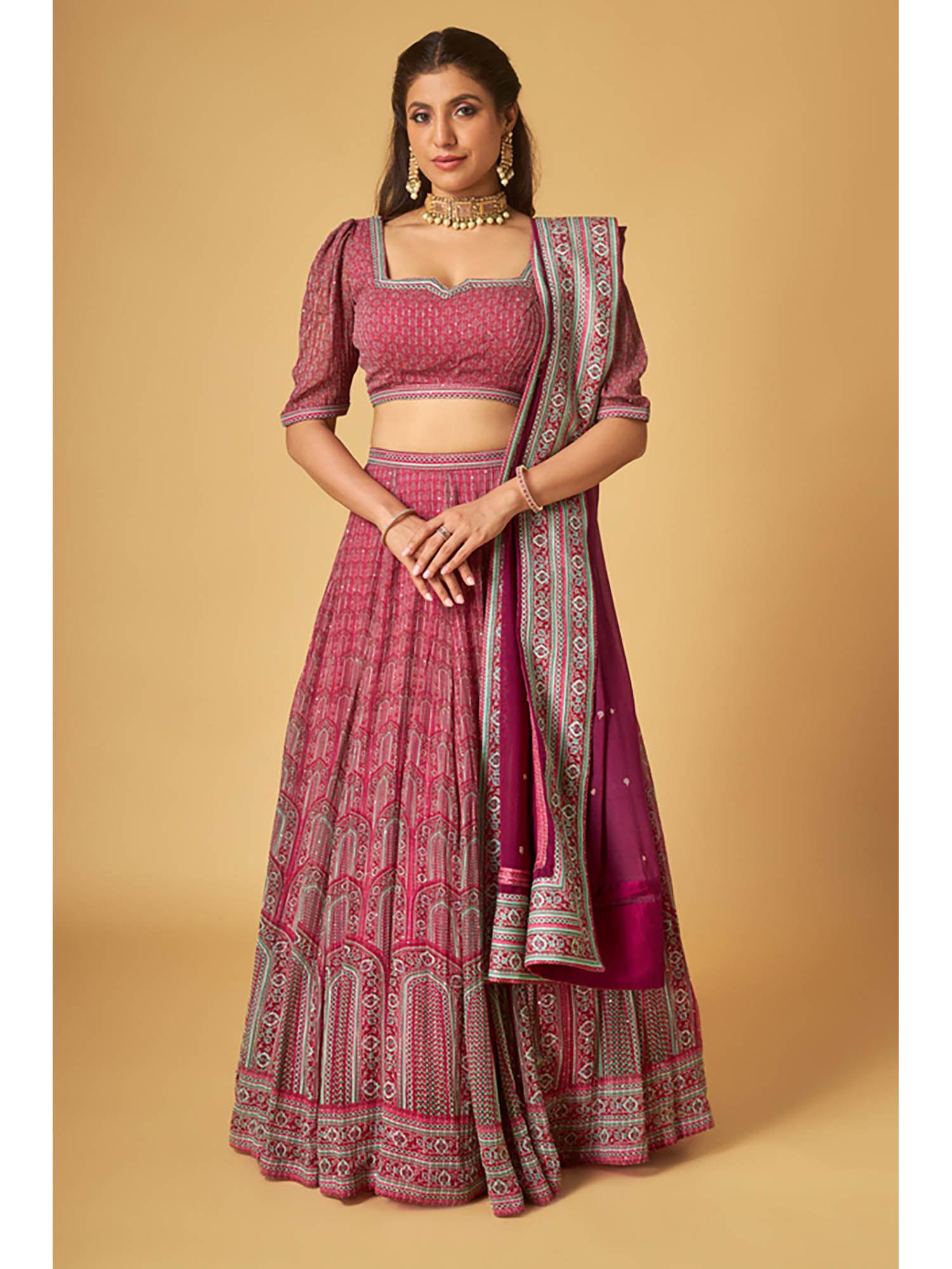 pink embroidered georgette printed lehenga with blouse (set of 3)