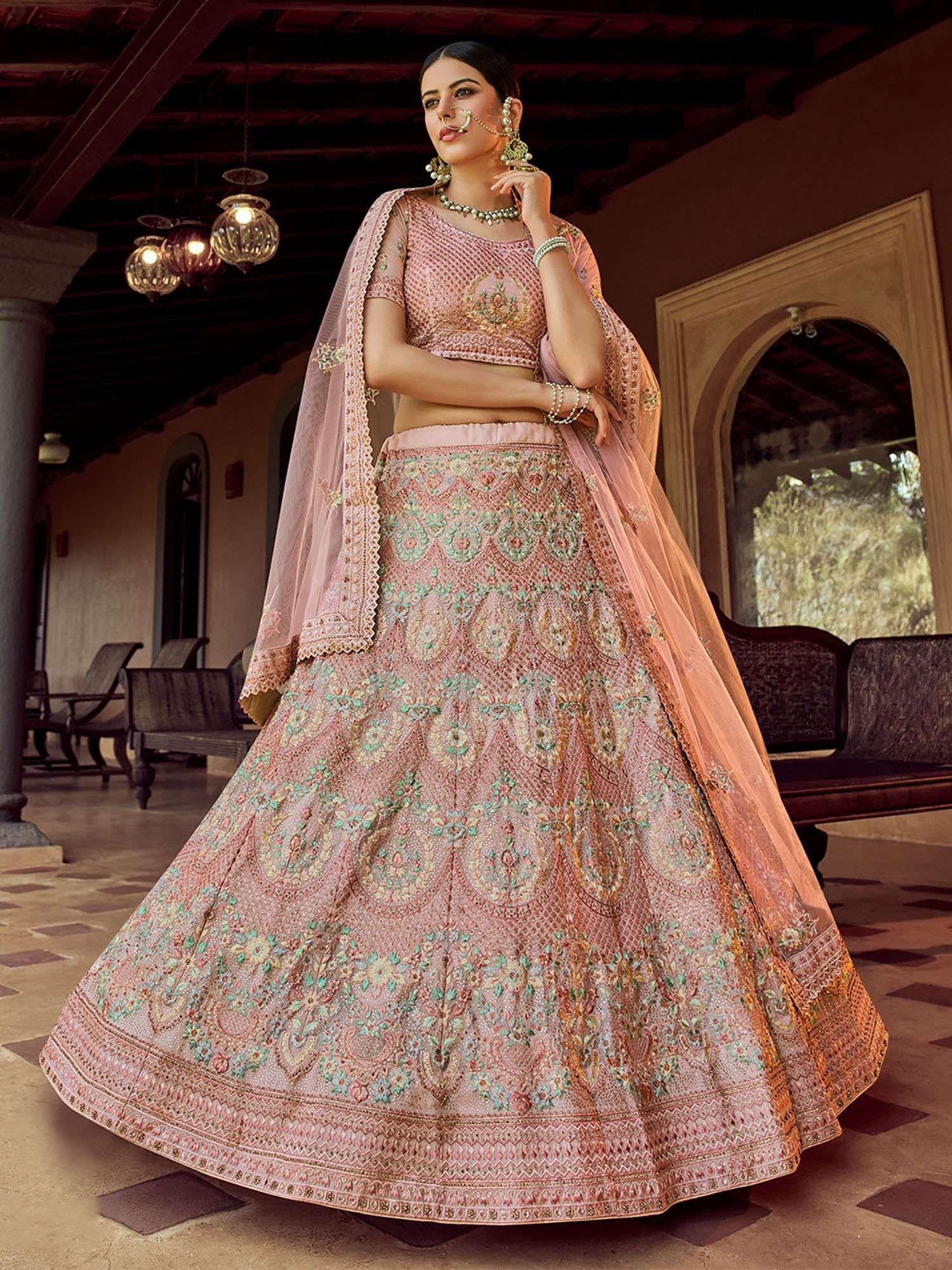 pink embroidered georgette semi stitched lehenga with unstitched blouse (set of 3)