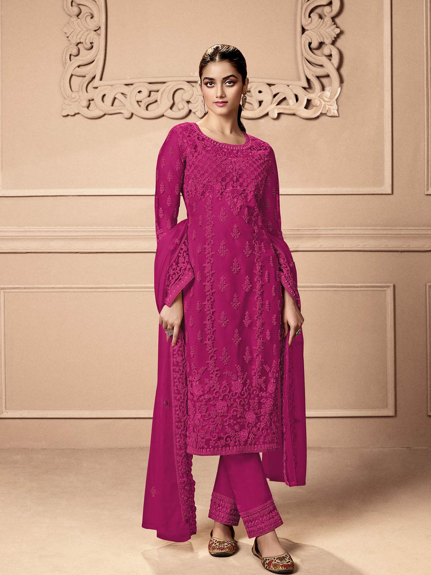 pink embroidered georgette semi stitched suit (set of 3)