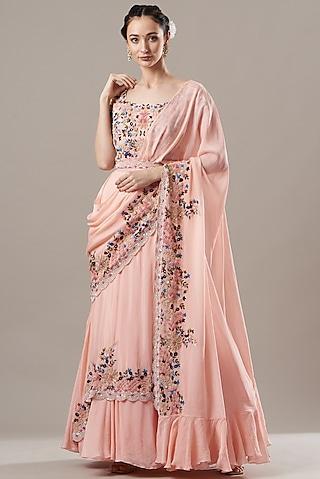 pink embroidered gown saree
