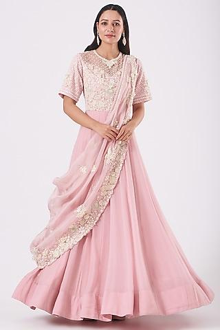 pink embroidered gown with drape