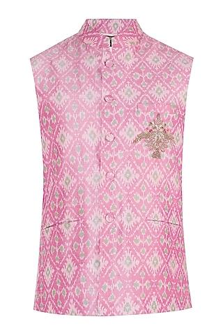 pink embroidered ikat nehru jacket