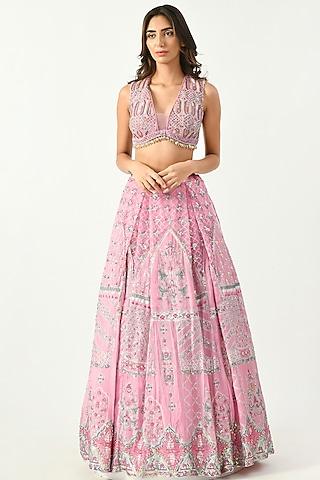 pink embroidered jacket lehenga set