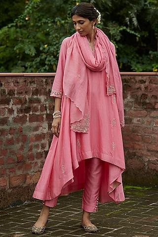 pink embroidered kalidar kurta set