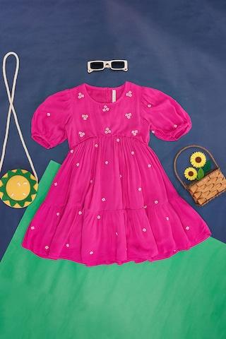 pink embroidered knee length  casual girls regular fit  dress