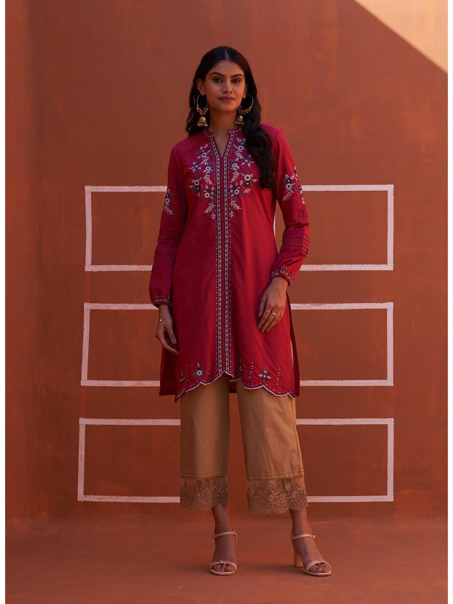 pink embroidered kurta for women with puffed sleeves