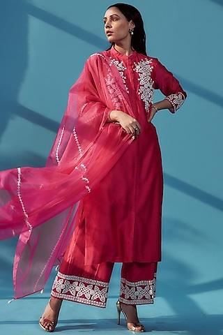 pink embroidered kurta set