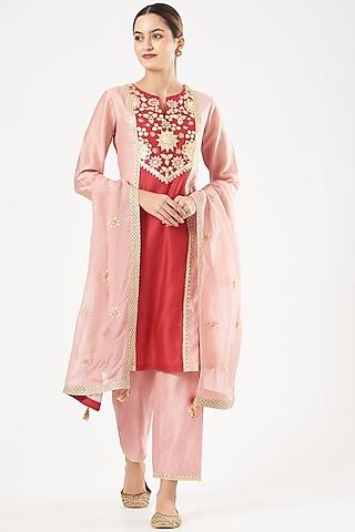 pink embroidered kurta set