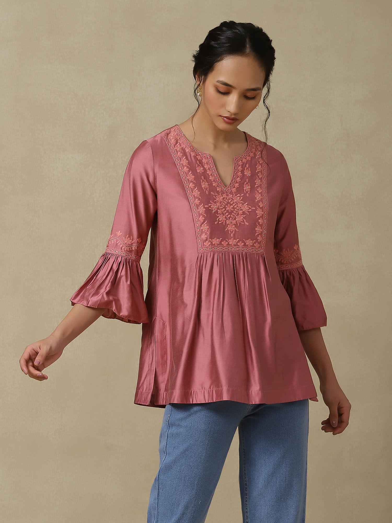 pink embroidered kurti