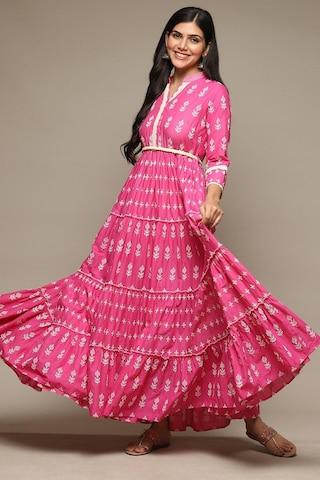 pink embroidered mandarin casual maxi 3/4th sleeves women regular fit dress