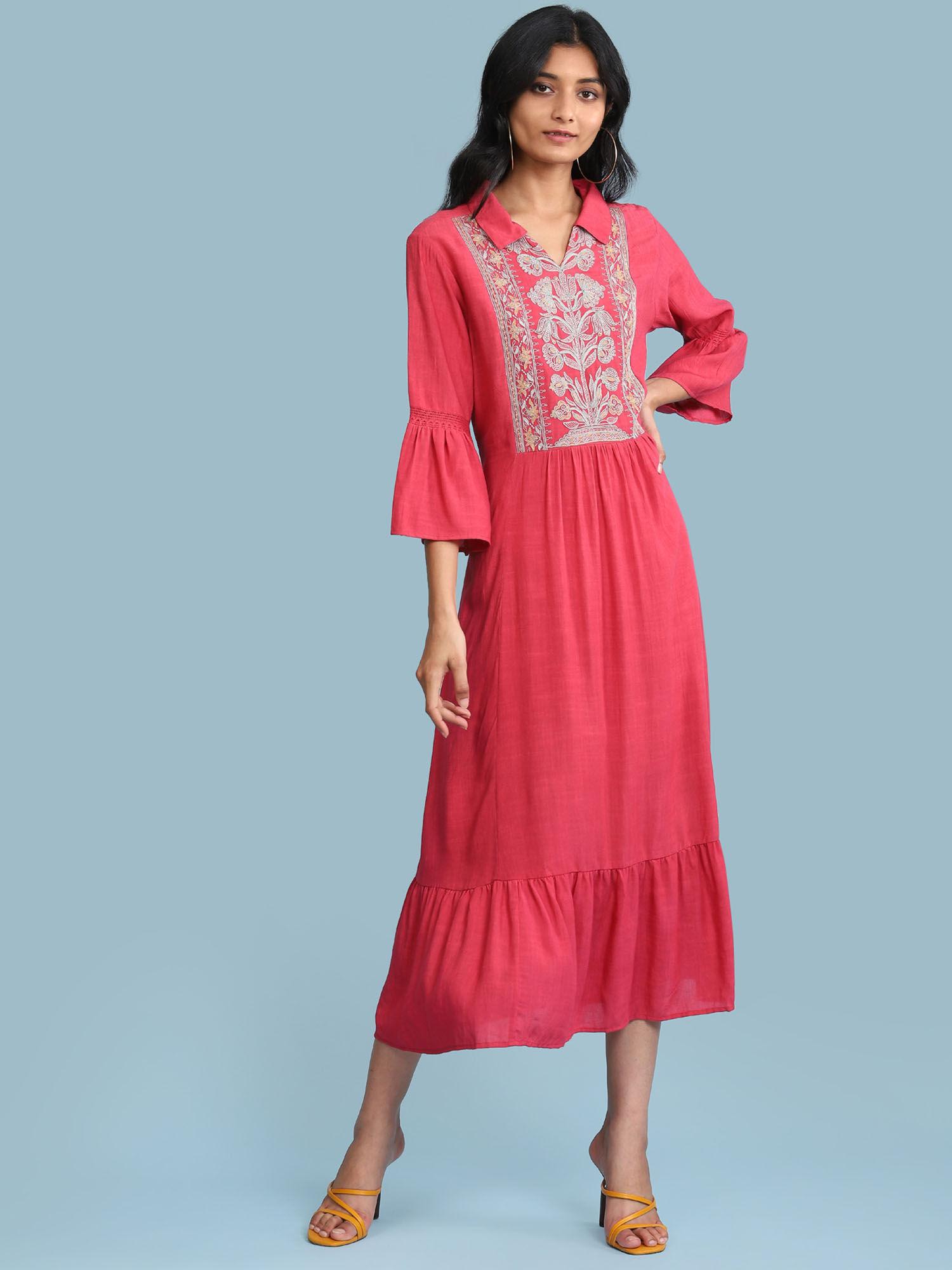 pink embroidered midi dress