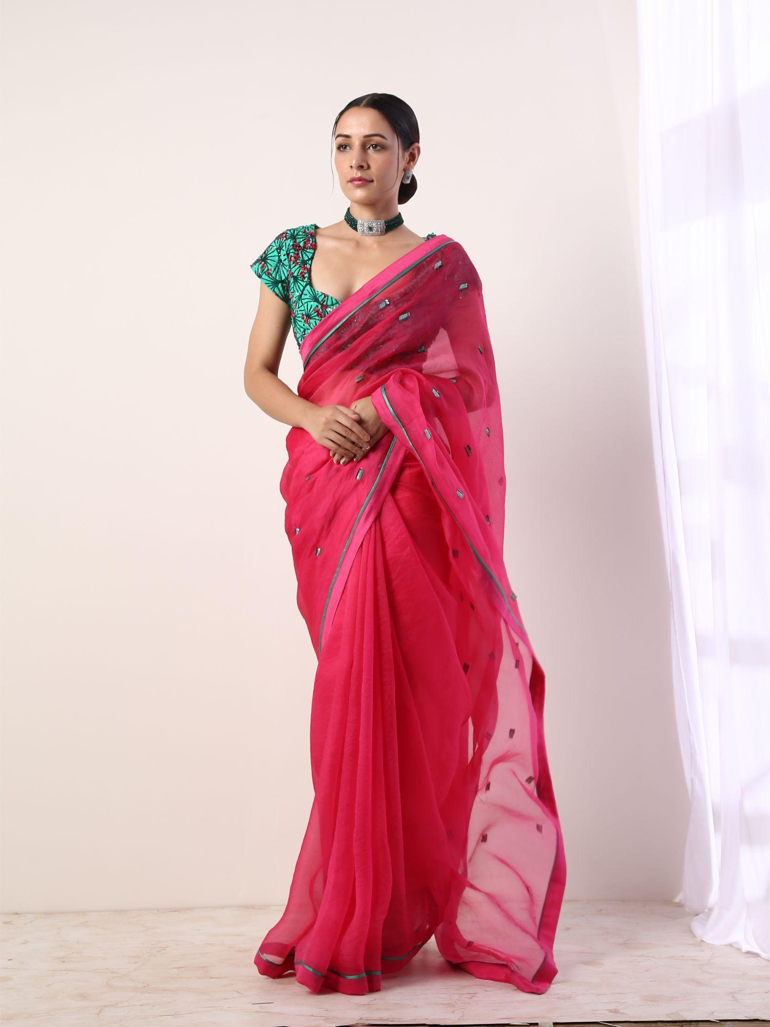 pink embroidered organza saree with stitched blouse