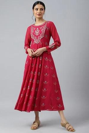 pink embroidered panelled georgette dress