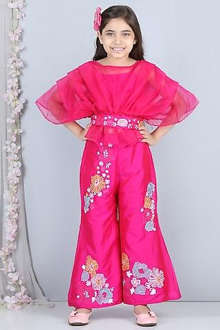 pink embroidered pant set for girls