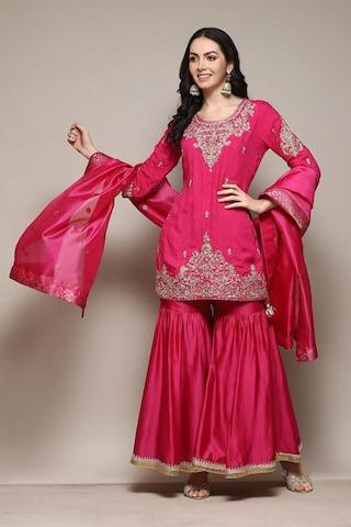 pink embroidered party 3/4th sleeves round neck women straight fit kurta sharara dupatta set