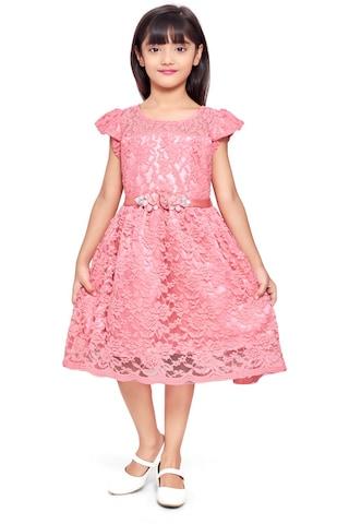 pink embroidered party cap sleeves round neck girls regular fit frock