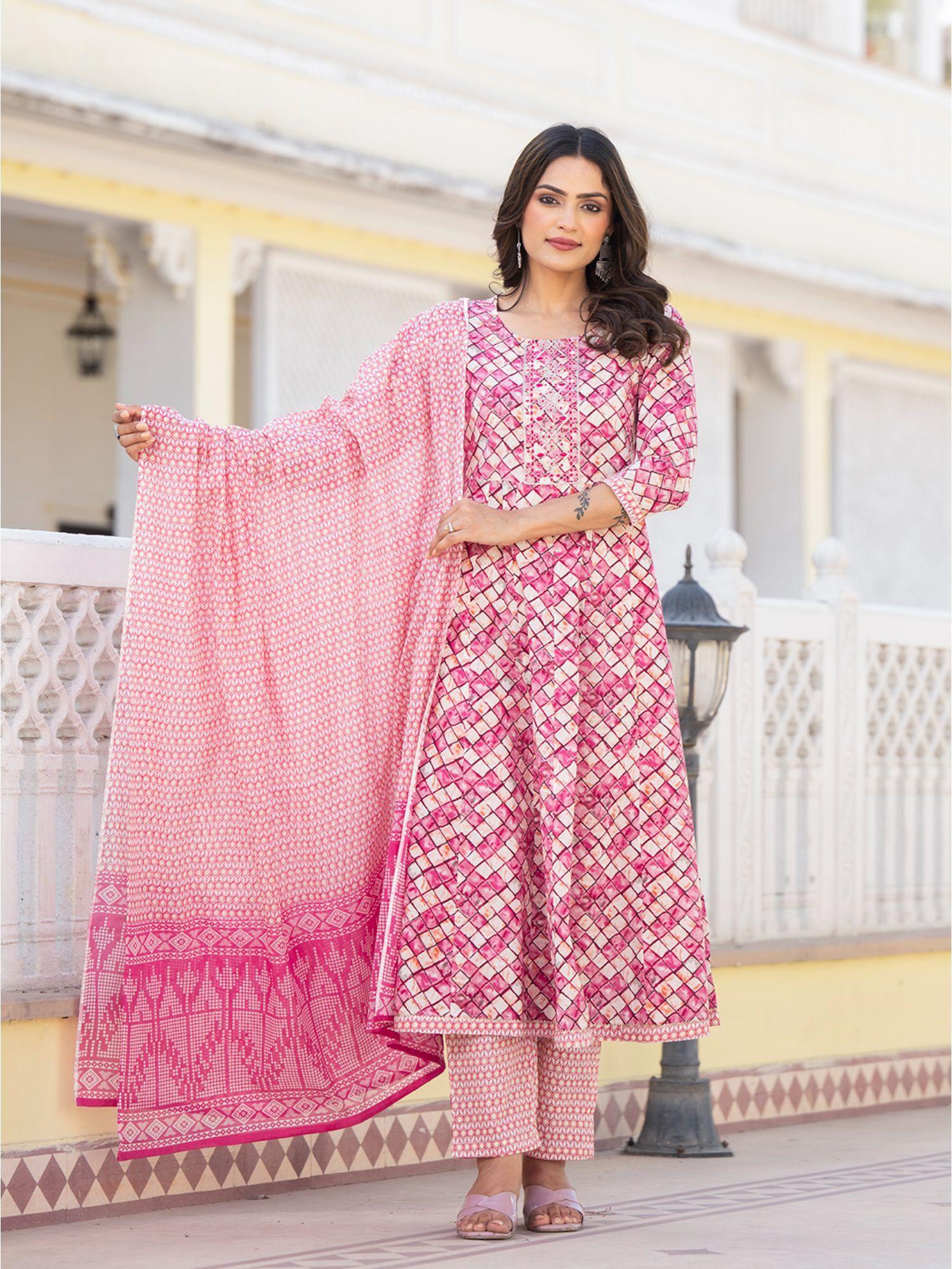 pink embroidered print anarkali kurta with pant and dupatta (set of 3)