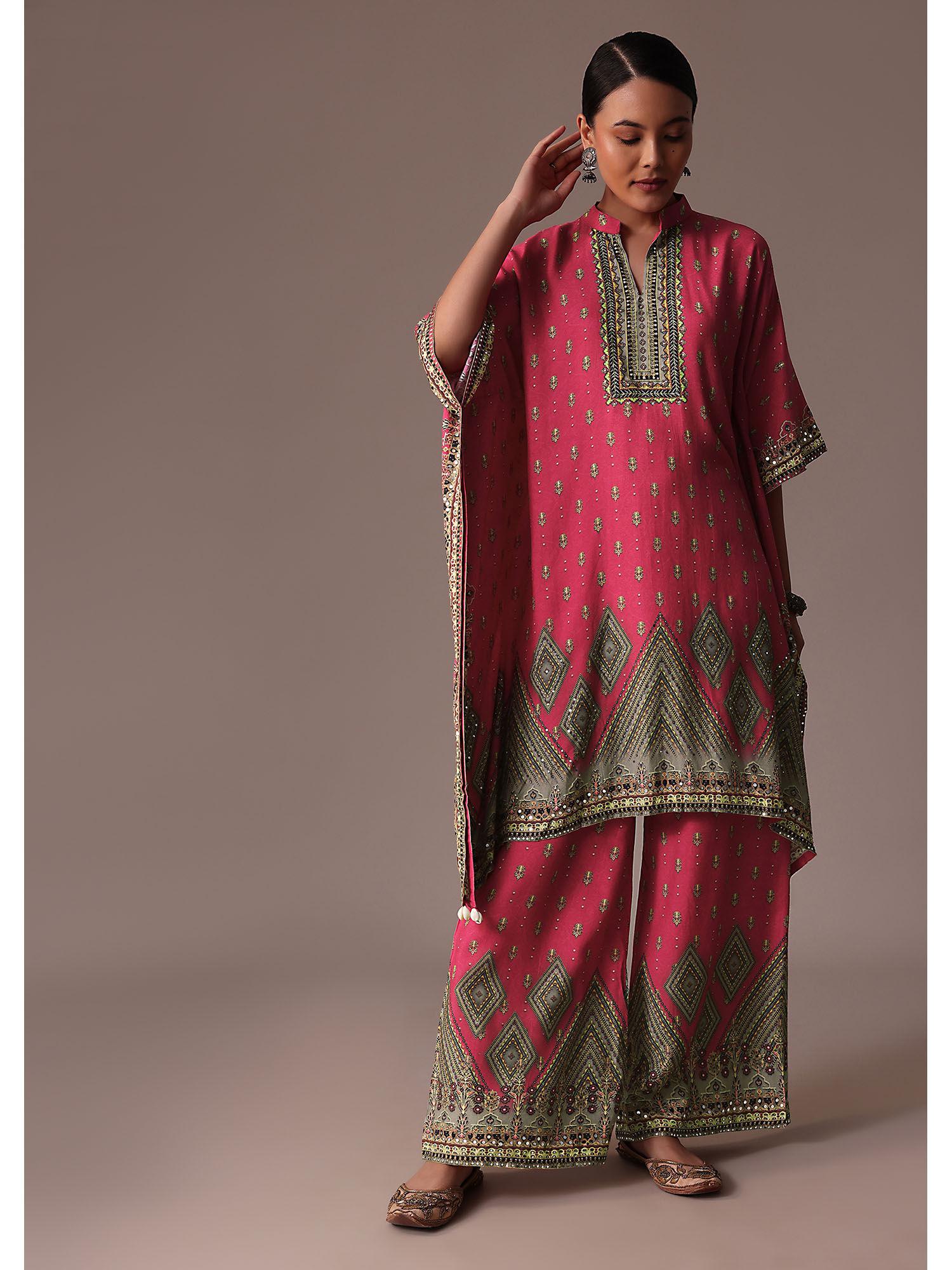 pink embroidered printed cotton silk kaftan co ord (set of 2)