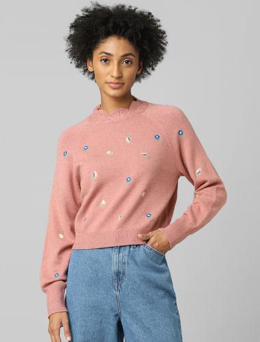 pink embroidered pullover