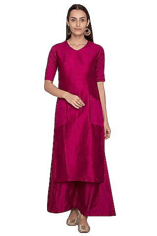 pink embroidered raw silk kurta set