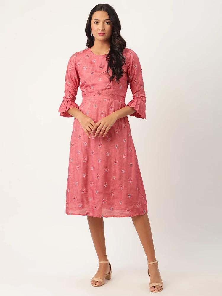 pink embroidered round neck dress