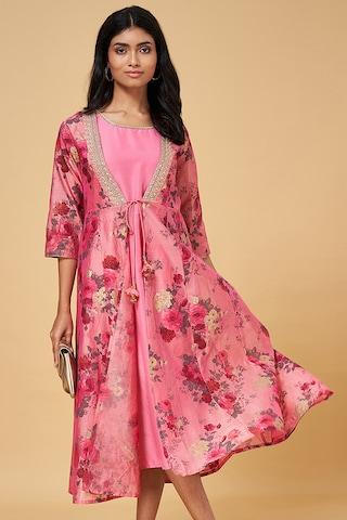pink embroidered round neck ethnic mid calf length 3/4th sleeves women regular fit dress
