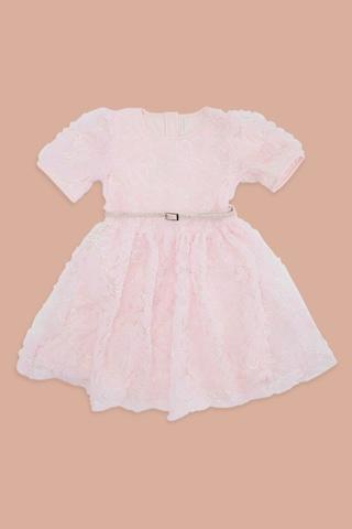 pink embroidered round neck party knee length half sleeves girls regular fit dress