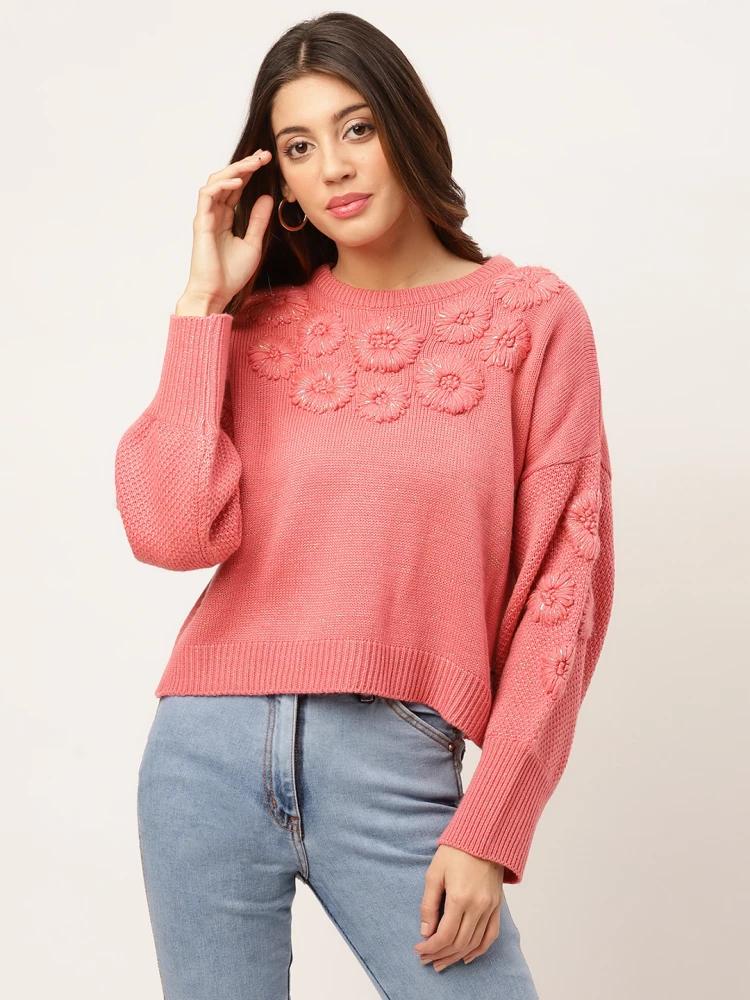 pink embroidered round neck sweater