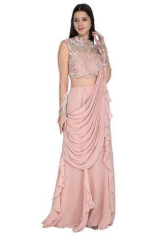 pink embroidered ruffled gown saree